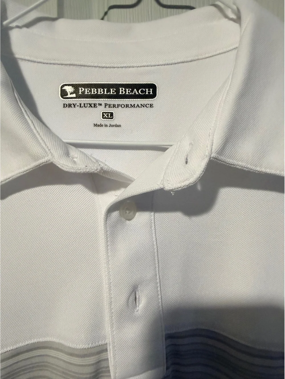 Pebble Beach white and gray striped polo shirt